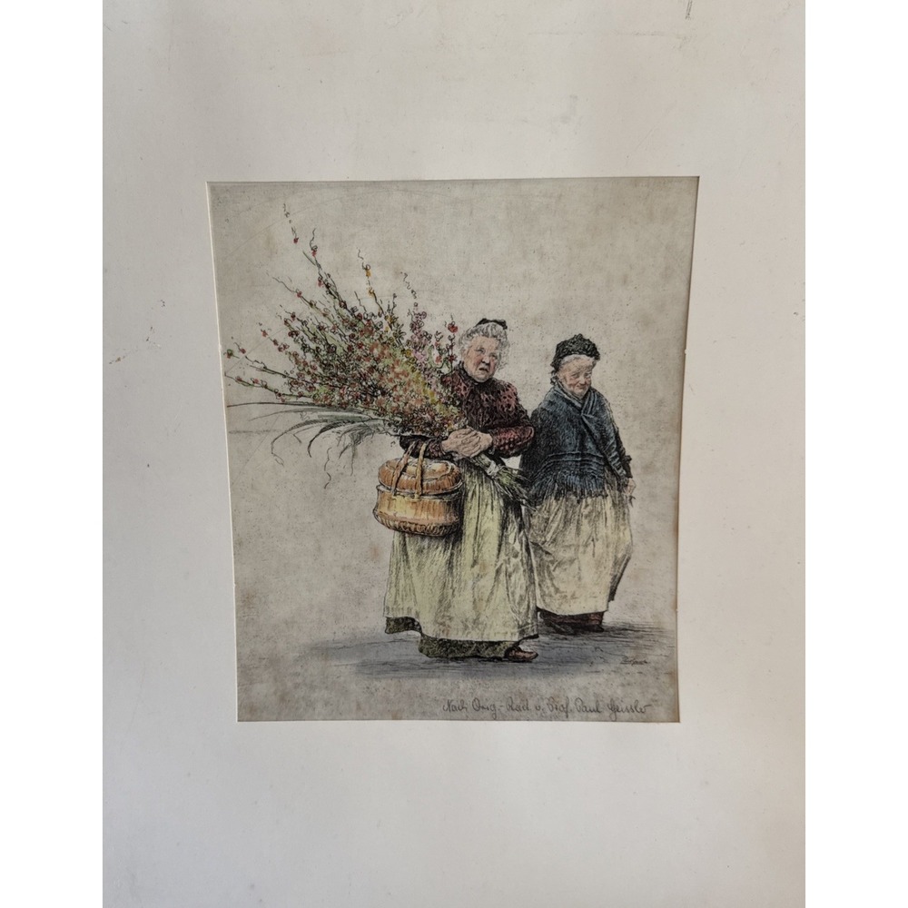 Paul Geissler Original Etching of Two Elderly Women Friends Flowers On Material
